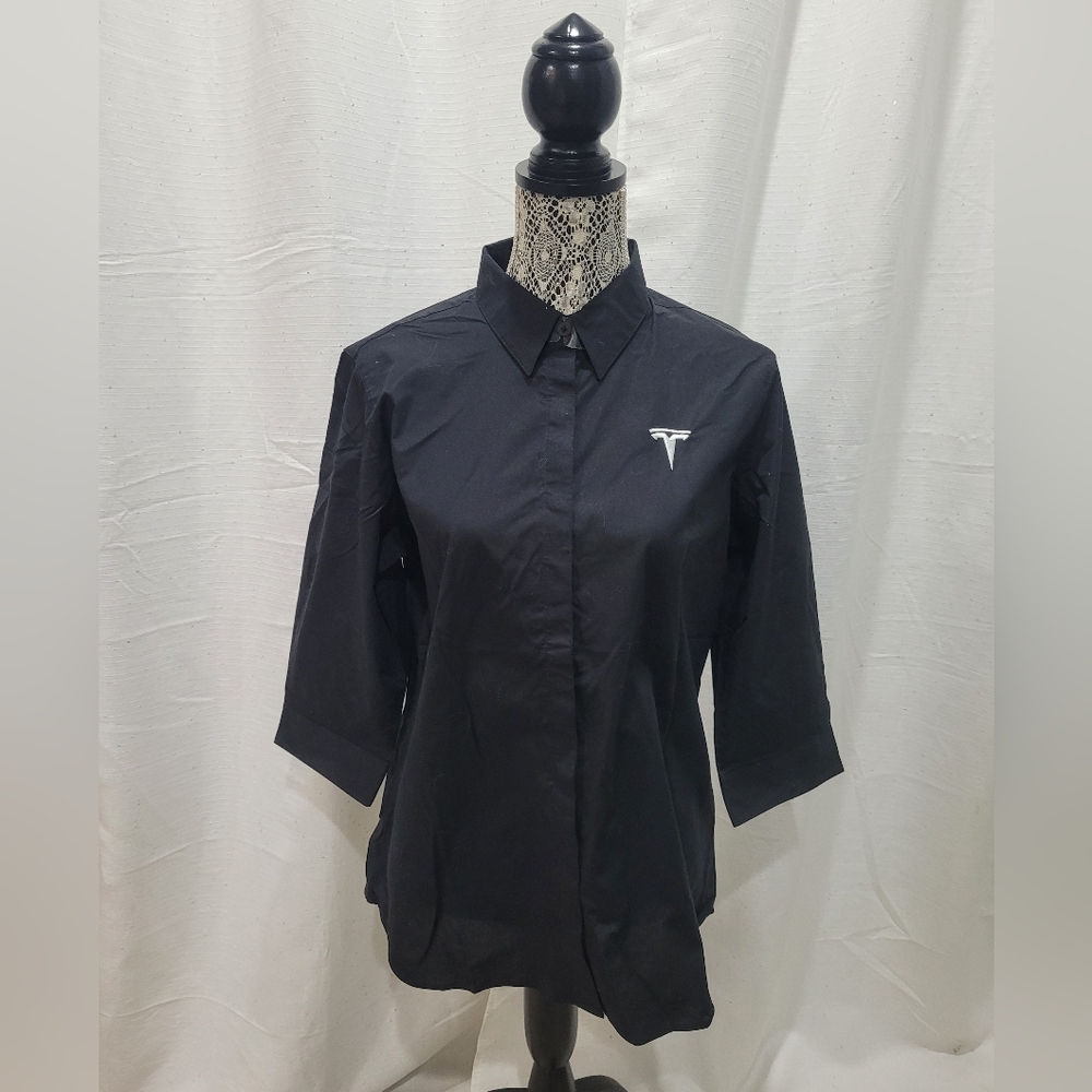 Tesla Women's button down dress shirt tapered Med 3/4 sleeve Black Sz Large
